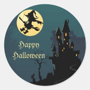 Haunted House en heks Silhouette Ronde Sticker