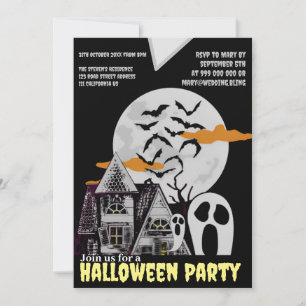 Haunted House & Flying Bats Halloween Uitnodiging