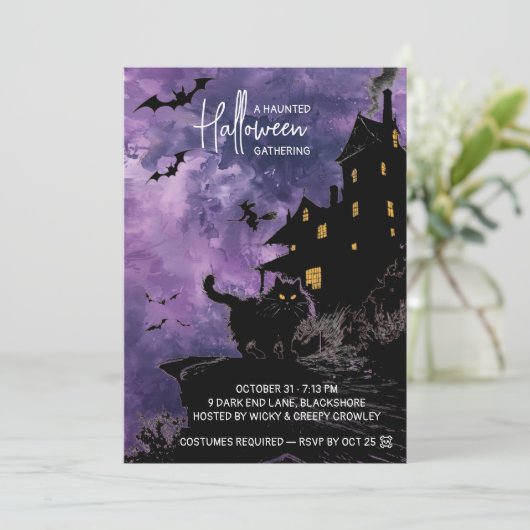 Haunted House Halloween Party Invitation – Purple Save The Date (Staand voorkant)