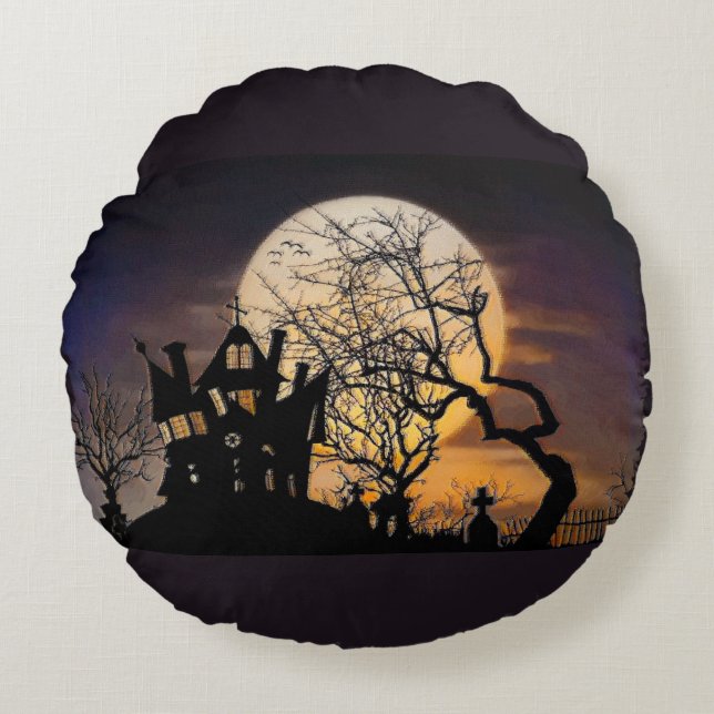 Haunted House Halloween rond accent kussen (Voorkant)