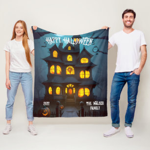 Haunted House Happy Halloween familienaam Jaar Fleece Deken
