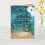 Haunted House Happy Halloween-heks, pompoen, uil Kaart (Gele Bloem)