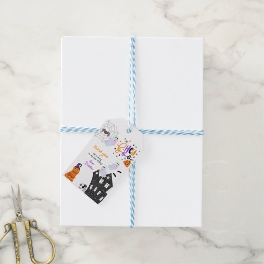 Haunted House Hey Boo Paarse Halloween Verjaardag Cadeaulabel (Met Touw)