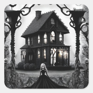 Haunted House met griezelige Ghost Lady Vierkante Sticker