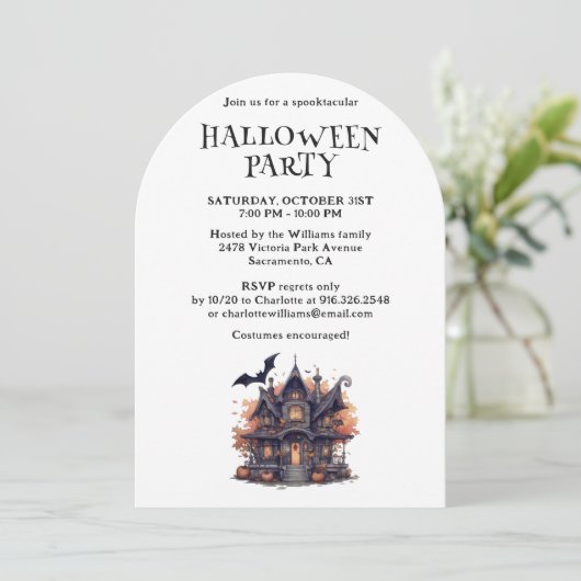 Haunted House Pumpkin Halloween Party Kaart (Staand voorkant)