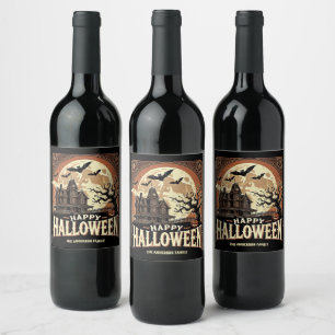 Haunted House Pumpkins Spooky Scary Halloween Wijn Etiket