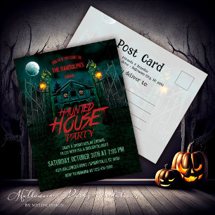 Haunted House Pumpkins Volle Maan Halloween Uitnod Feestdagenkaart