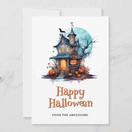 Haunted House Skeleton Ghost Bat Halloween Kaart (Voorkant)