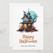 Haunted House Skeleton Ghost Bat Halloween Kaart (Voorkant / Achterkant)