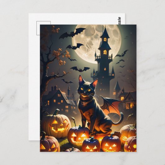 Haunted House, Volle Maan, Zwarte Kat Halloween Briefkaart (Voorkant / Achterkant)