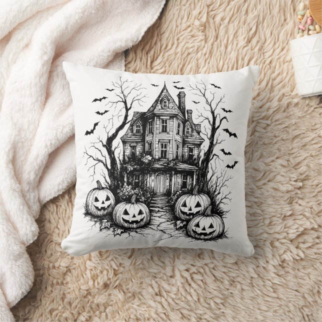 Haunted House zwart-wit Halloween Kussen (Deken)