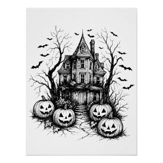Haunted House zwart-wit Halloween Perfect Poster (Voorkant)