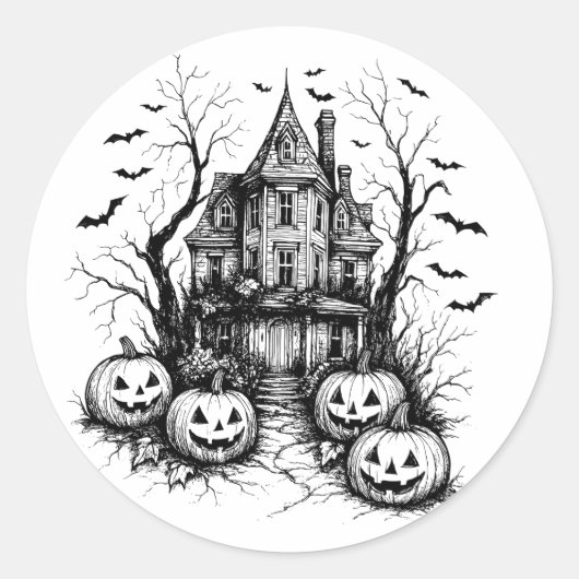 Haunted House zwart-wit Halloween Ronde Sticker (Voorkant)