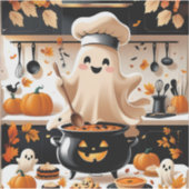 Haunted & Hungry - Kawaii Ghost Chef in de keuken Sticker (Voorkant)