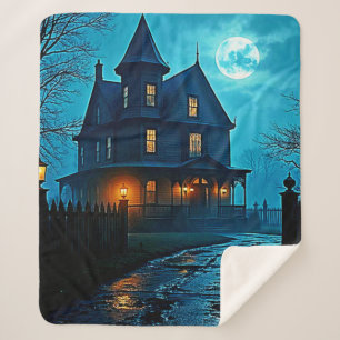 Haunted Mansion Blauw Maanlicht Nacht Ontwerp Sherpa Deken