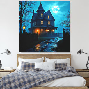 Haunted Mansion Blauwe Maneschijn Nacht Design Canvas Afdruk