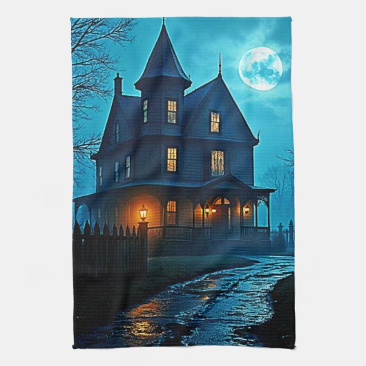 Haunted Mansion Blue Moonlight Night Design Theedoek (Verticaal)