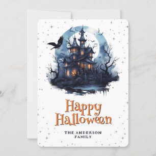 Haunted Mansion Raven Bats Moon Happy Halloween Feestdagenkaart