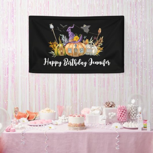 Haunted Pumpkin House met Ghost & Bats Birthday Spandoek (Feest)