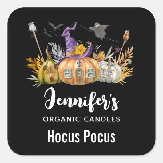 Haunted Pumpkin House met Ghost en Bats Candle Biz Vierkante Sticker (Voorkant)