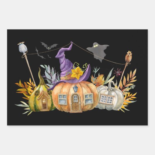 Haunted Pumpkin House met Ghost en Bats Inpakpapier Vel (Voorkant)
