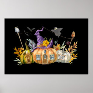Haunted Pumpkin House met Ghost en Bats Poster