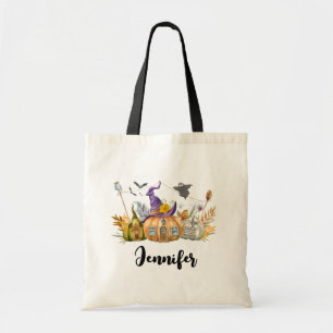Haunted Pumpkin House met Ghost en Bats Tote Bag