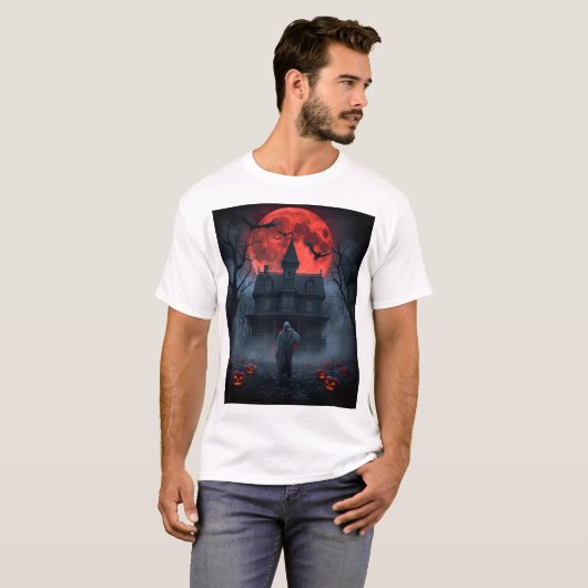 Haunted Red Moon Halloween T-Shirt | Spooky Ghost (Voorkant volledig)