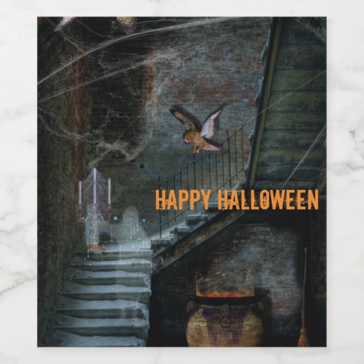 Haunted Staircase Halloween Wijn Etiket (Enkel label)