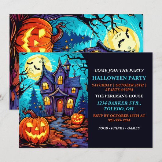 Hauny House Happy Halloween Invitations de fête d' (Devant / Derrière)