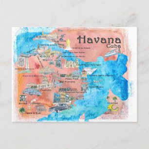 Havana Cuba geïllustreerde reisplattegrond Briefkaart
