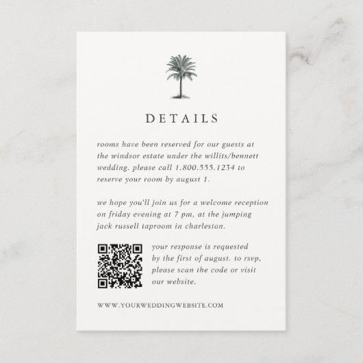 Havana Palm Bruiloft Details QR Code RSVP Informatiekaartje (Voorkant)