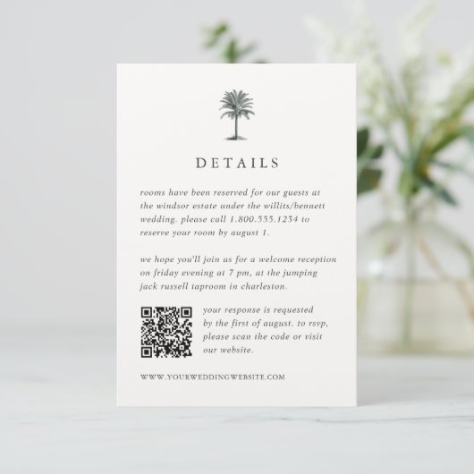 Havana Palm Bruiloft Details QR Code RSVP Informatiekaartje (Staand voorkant)