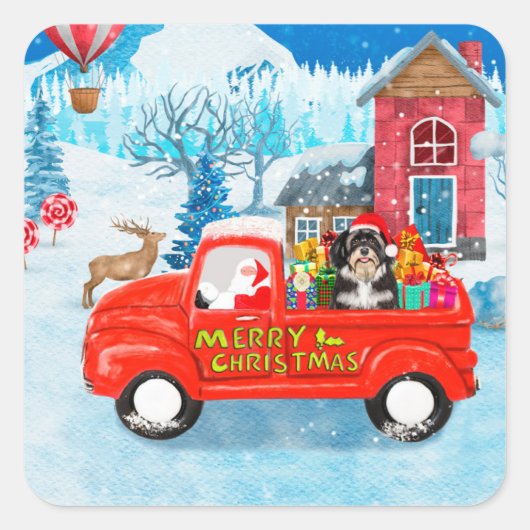 Havanese Dog Kerstmis bezorging vrachtwagen sneeuw Vierkante Sticker (Voorkant)