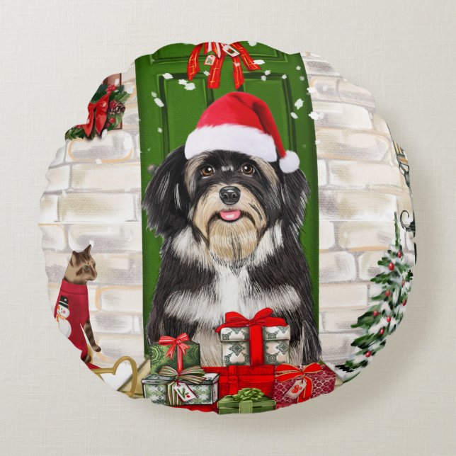 Havanese Dog Kerstmis Rond Kussen (Voorkant)