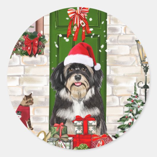 Havanese Dog Kerstmis Ronde Sticker (Voorkant)
