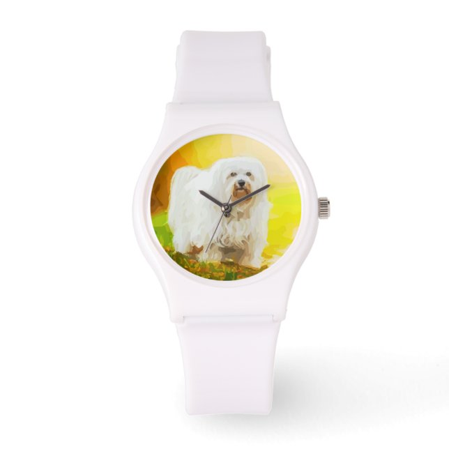 Havanese Hond Bichon Portret Schilderij Horloge (Voorkant)