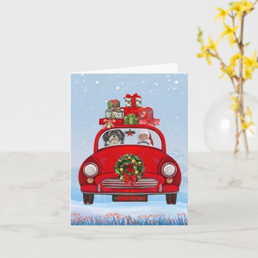 Havanese hond in auto met kerstman kaart (Gele Bloem)
