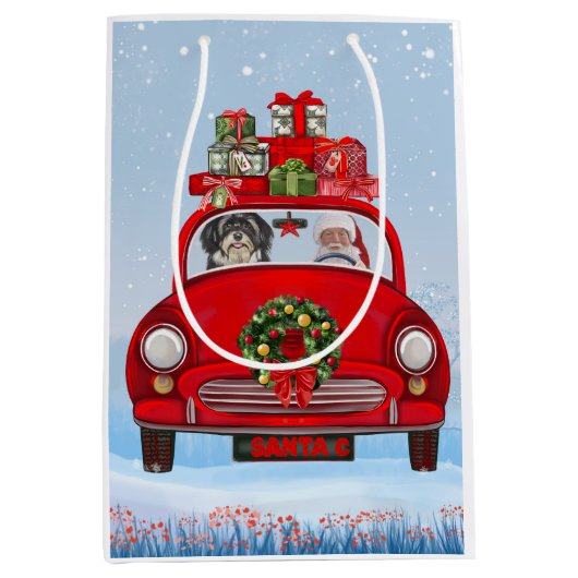 Havanese hond in auto met kerstman medium cadeauzakje (Voorkant)