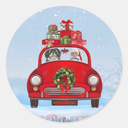 Havanese hond in auto met kerstman ronde sticker (Voorkant)