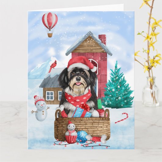 Havanese hond in het sneeuwbalhuis kaart (Gele Bloem)
