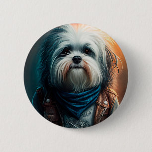Havanese hond op fiets digitaal schilderij ronde button 5,7 cm