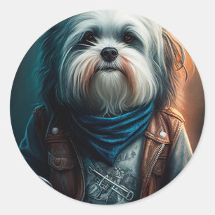 Havanese hond op fiets digitaal schilderij ronde sticker