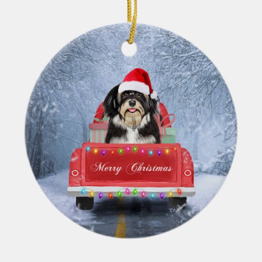 Havanese hond op sneeuw in kerstmis keramisch ornament (Voorkant)