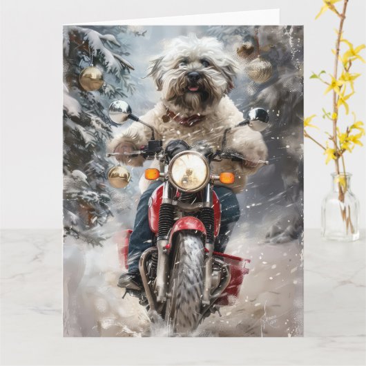 Havanese Hond Rijden Motorfiets Kerstmis Kaart (Gele Bloem)