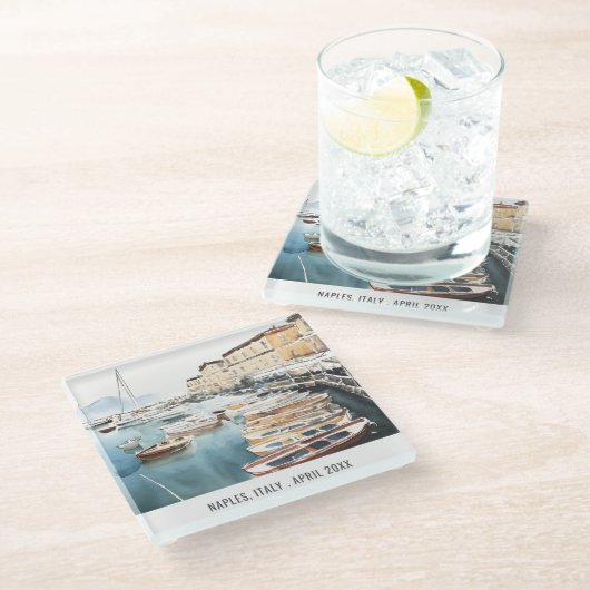 Haven Santa Lucia Naples Italië Waterverf Reizen Glazen Onderzetter (Schuin)