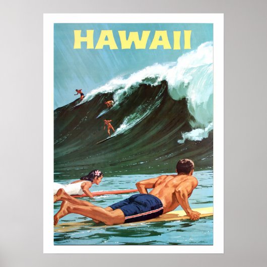 Hawaï, surf, grosse vague, affiche de voyage vinta (Devant)