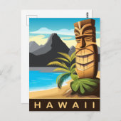Hawaï, Tiki Standbeeld op het strand, Reizen Briefkaart (Voorkant / Achterkant)