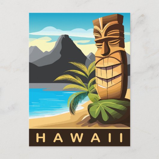Hawaï, Tiki Standbeeld op het strand, Reizen Briefkaart (Voorkant)