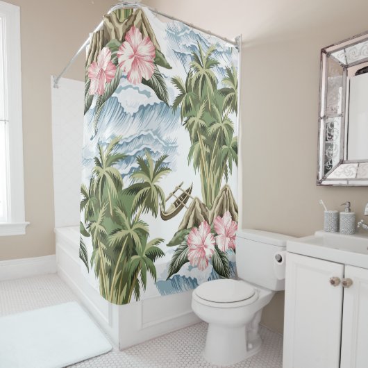 Hawaïaans eiland, palmboom, boot, roze douchegordijn (In situ)